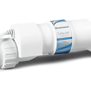 A Hayward W3T-CELL-9 TurboCell salt chlorination cell for in-ground swimming pools up to 25,000 gallons, with a white body and blue label, connected by two white cable inputs.